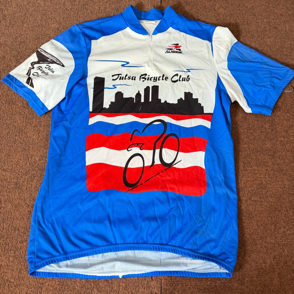 Aussie Tulsa Bicycle Club Cycling Jersey Mens XL Blue White Red Quarter Zip B-‎